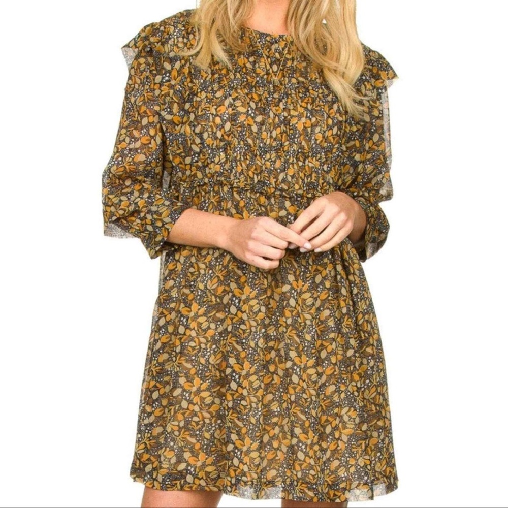 Ba&sh Sandra Autumn Leaf Print Brown Ruffle Georgette Mini Dress.